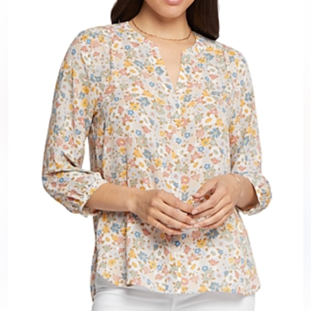 NYDJ Floral Button-Front Blouse in White with Blue, Yellow & Pink Flowers
